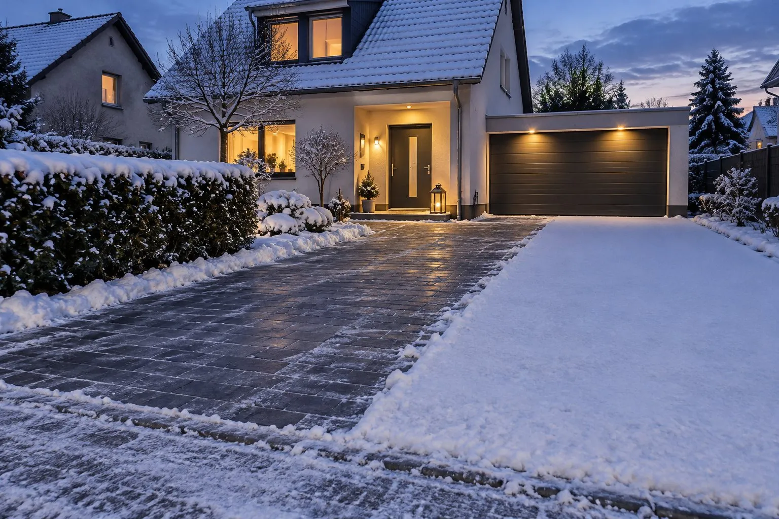 Symbolbild (KI-generiert): gepflasterte Einfahrt vor einem Einfamilienhaus in der Abenddämmerung, eine Hälfte vom Schnee geräumt, die andere noch verschneit, Licht an Haustür und Garage