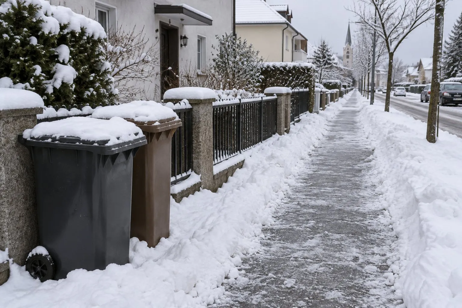 Verschneiter Gehweg mit einer geräumten Spur, am Zaun stehen Mülltonnen