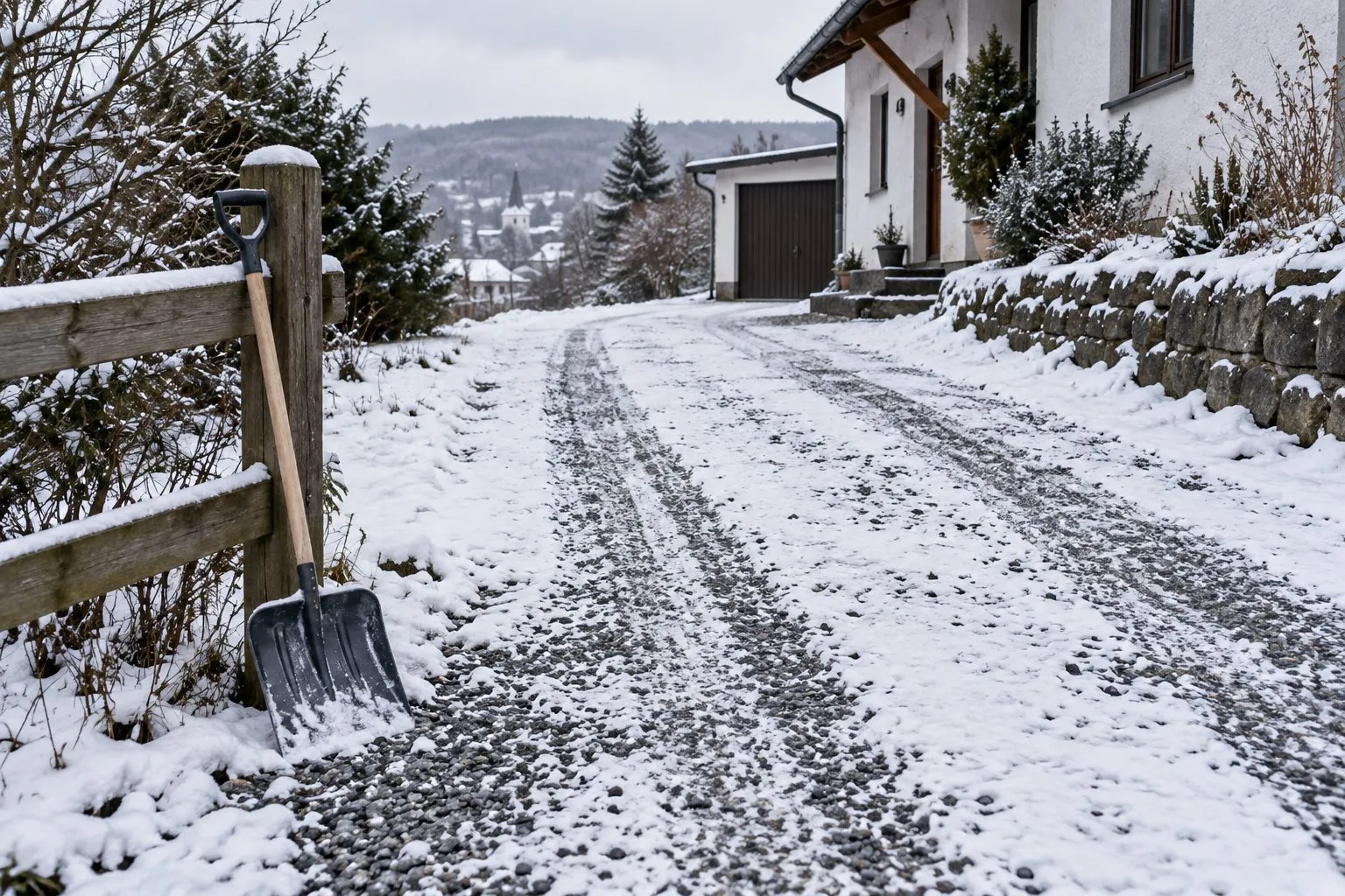 Leicht verschneite Kiesauffahrt mit sichtbaren Steinen, am Zaun lehnt ein Schneeschieber